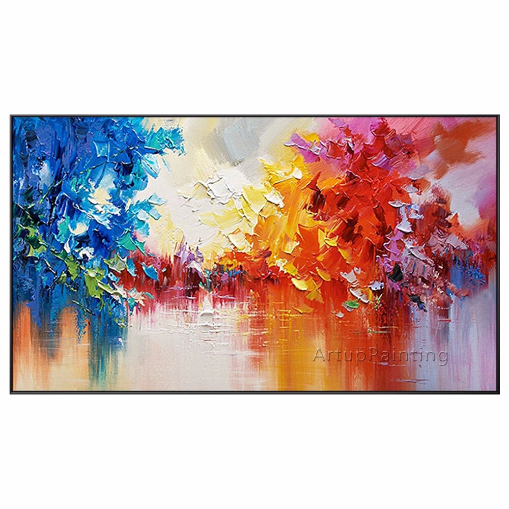Pintura al &oacute;leo abstracta de &aacute;rbol de lago sobre lienzo, brillo Horizontal, arte de pared, im&aacute;genes para sala de estar, cuadro, decoraci&oacute;n del hogar