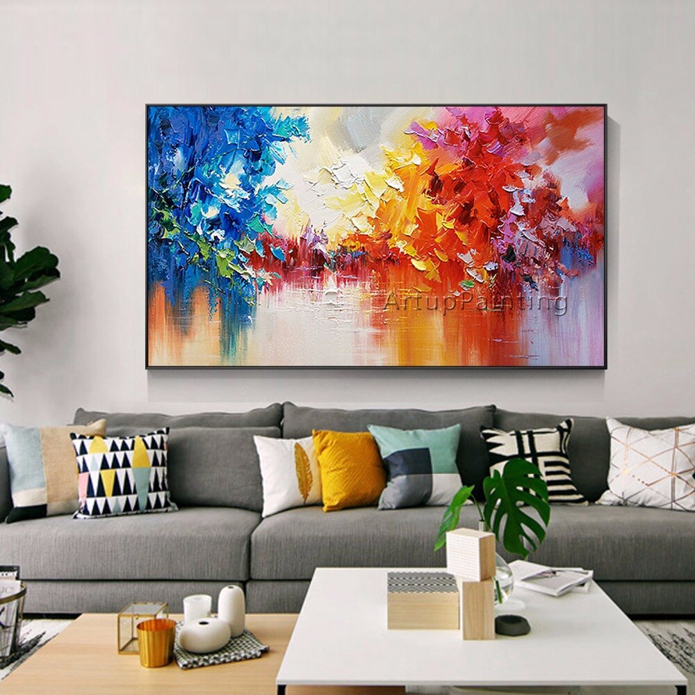 Pintura al &oacute;leo abstracta de &aacute;rbol de lago sobre lienzo, brillo Horizontal, arte de pared, im&aacute;genes para sala de estar, cuadro, decoraci&oacute;n del hogar