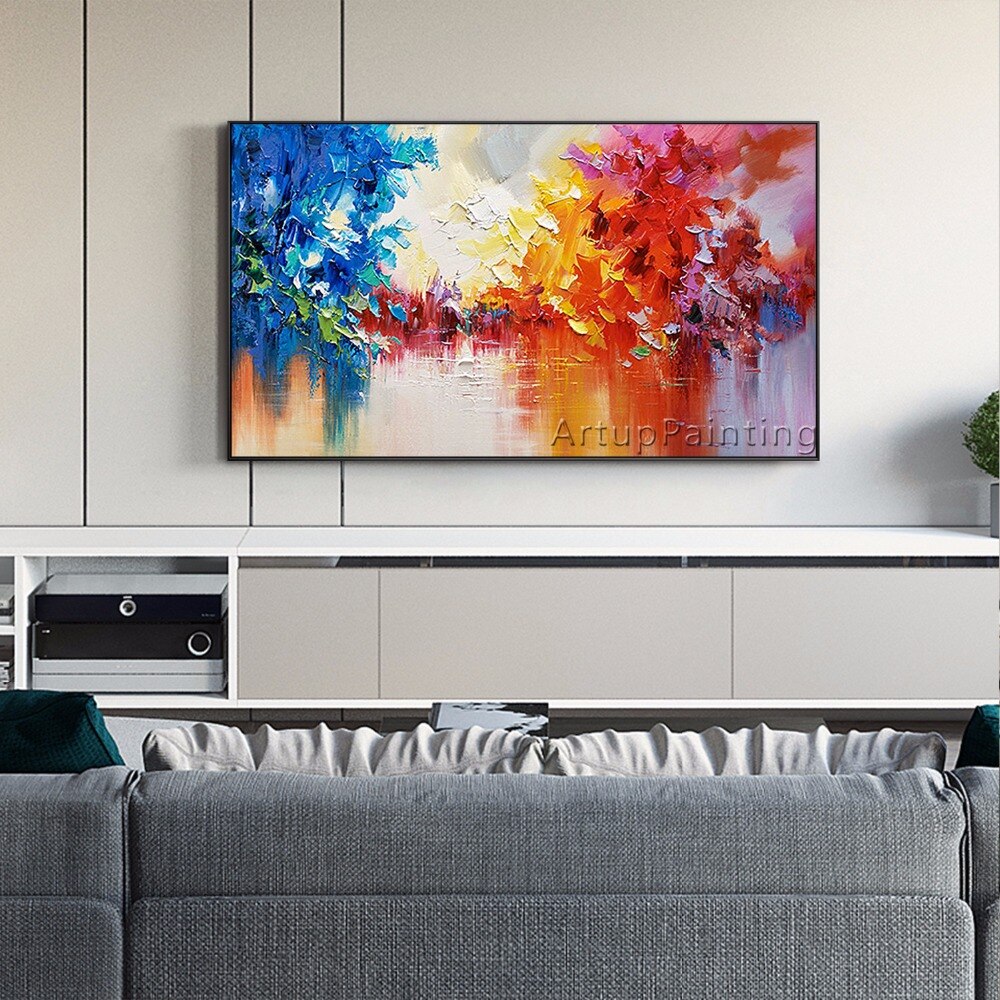 Pintura al &oacute;leo abstracta de &aacute;rbol de lago sobre lienzo, brillo Horizontal, arte de pared, im&aacute;genes para sala de estar, cuadro, decoraci&oacute;n del hogar