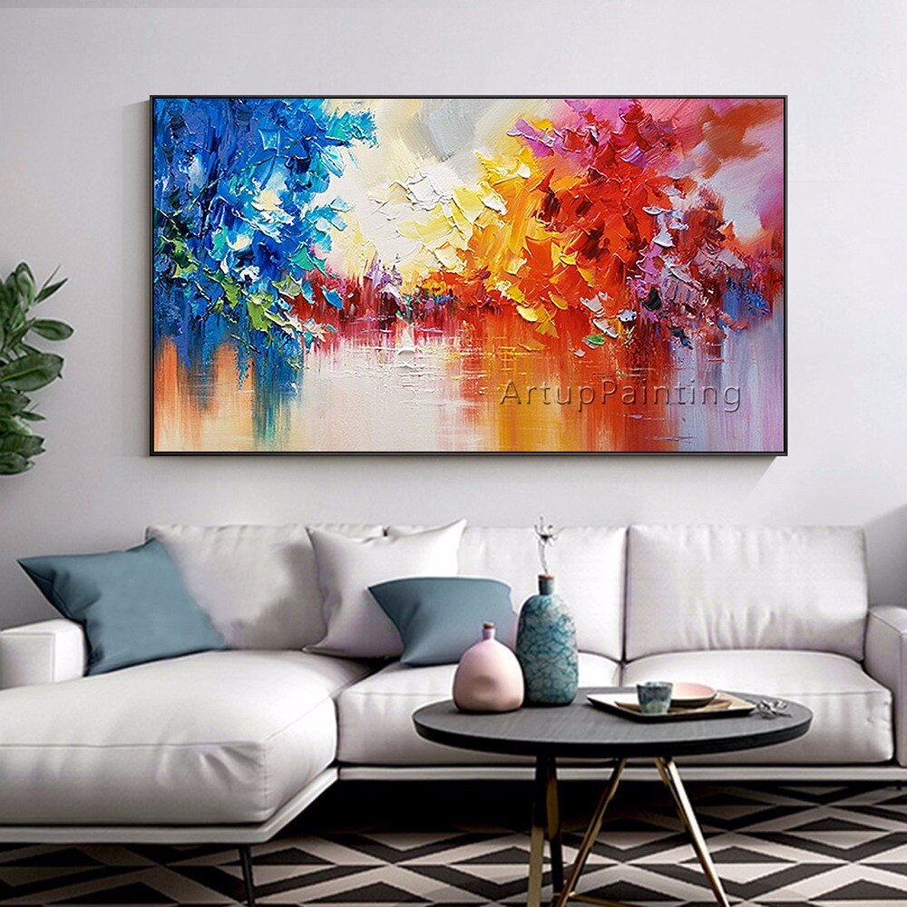 Pintura al &oacute;leo abstracta de &aacute;rbol de lago sobre lienzo, brillo Horizontal, arte de pared, im&aacute;genes para sala de estar, cuadro, decoraci&oacute;n del hogar