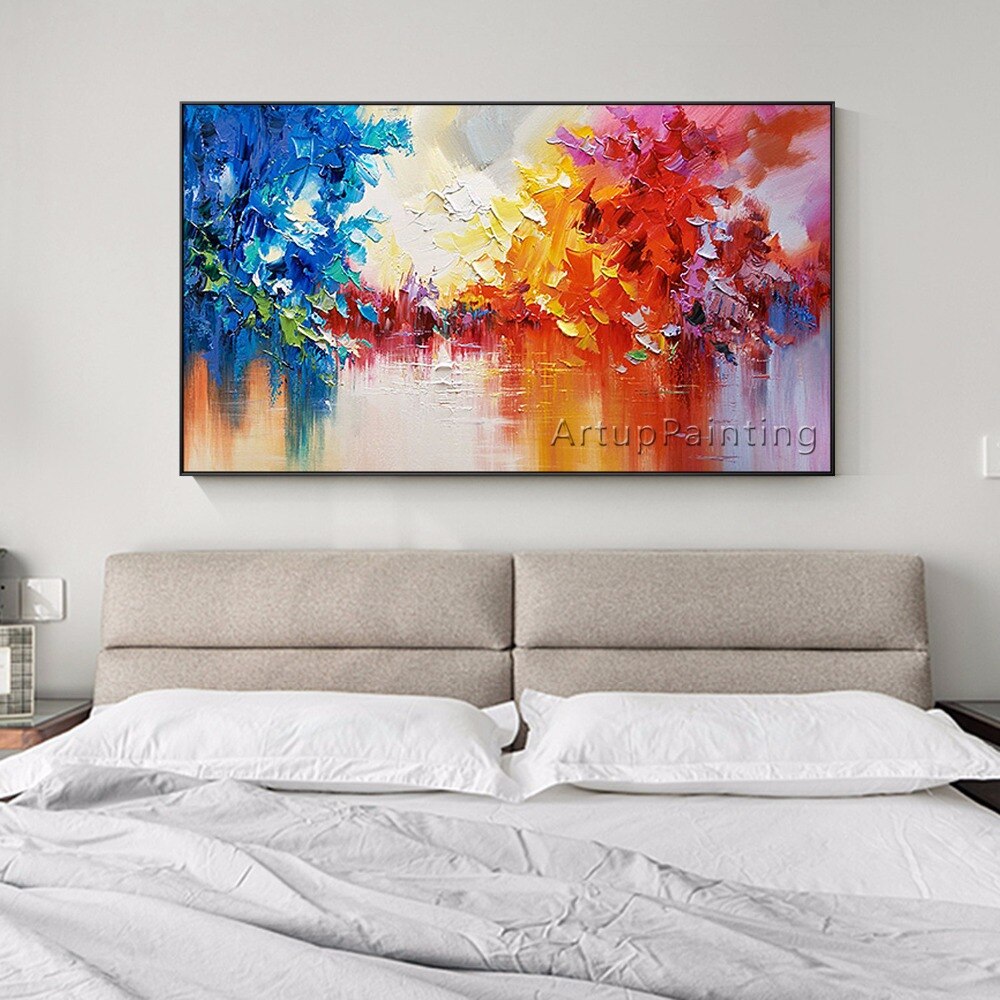 Pintura al &oacute;leo abstracta de &aacute;rbol de lago sobre lienzo, brillo Horizontal, arte de pared, im&aacute;genes para sala de estar, cuadro, decoraci&oacute;n del hogar
