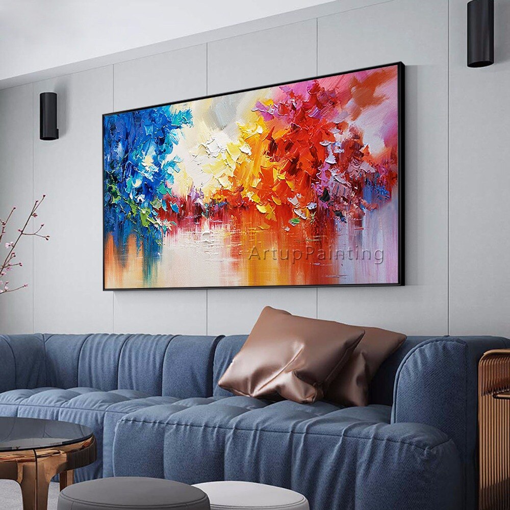 Pintura al &oacute;leo abstracta de &aacute;rbol de lago sobre lienzo, brillo Horizontal, arte de pared, im&aacute;genes para sala de estar, cuadro, decoraci&oacute;n del hogar