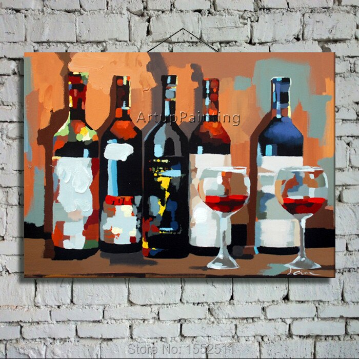 Pintura al óleo sobre lienzo de alta calidad, pintura pintada a mano, botella y copa de vino, arte de pared, imagen para sala de estar Pintura al óleo sobre lienzo de alta calidad, pintura pintada a mano, botella y copa de vino, arte de pared, imagen para sala de estar