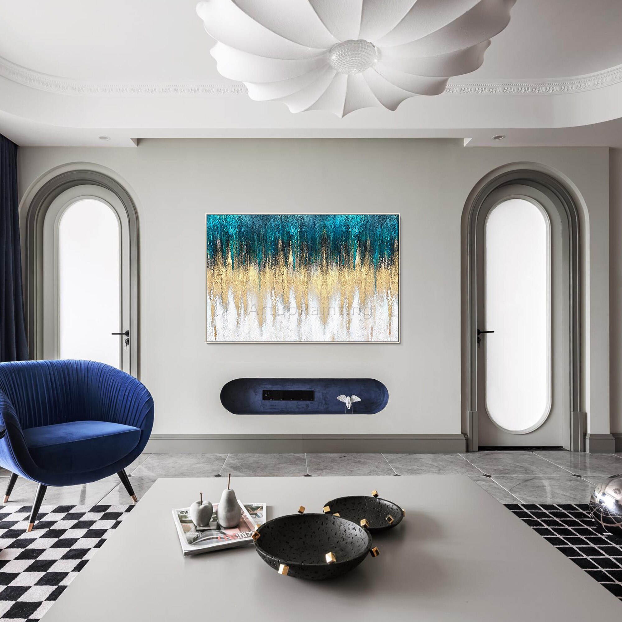 Pintura abstracta moderna sobre lienzo, de color azul pintura a mano, dorado y blanco, textura pesada acr&iacute;lica, decoraci&oacute;n del hogar para sala de estar