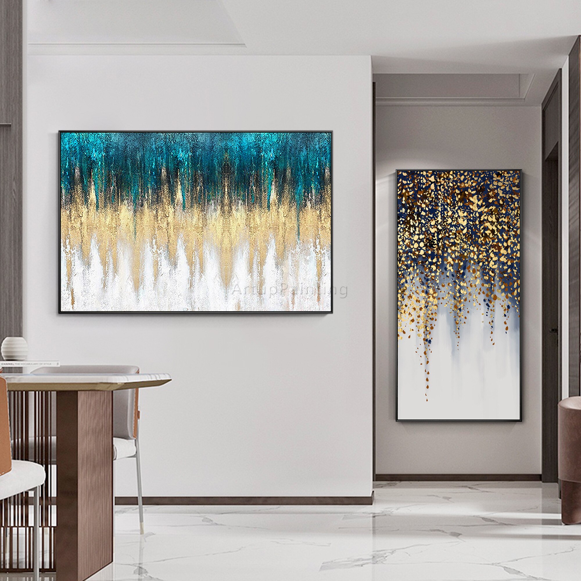 Pintura abstracta moderna sobre lienzo, de color azul pintura a mano, dorado y blanco, textura pesada acr&iacute;lica, decoraci&oacute;n del hogar para sala de estar