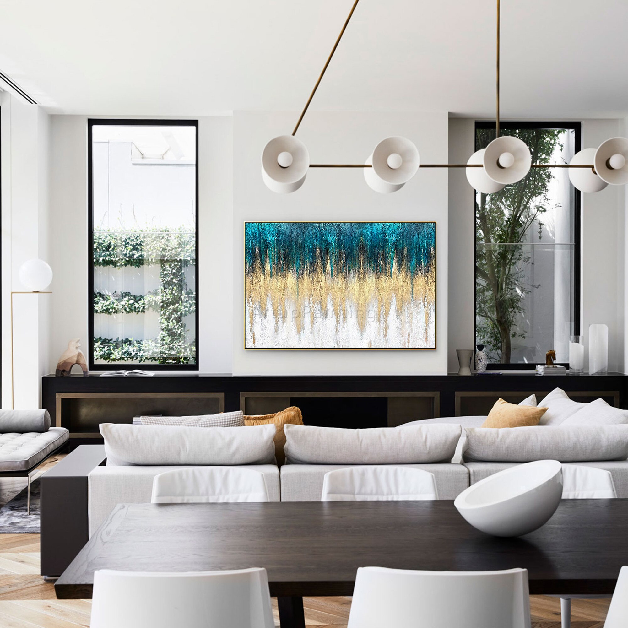 Pintura abstracta moderna sobre lienzo, de color azul pintura a mano, dorado y blanco, textura pesada acr&iacute;lica, decoraci&oacute;n del hogar para sala de estar