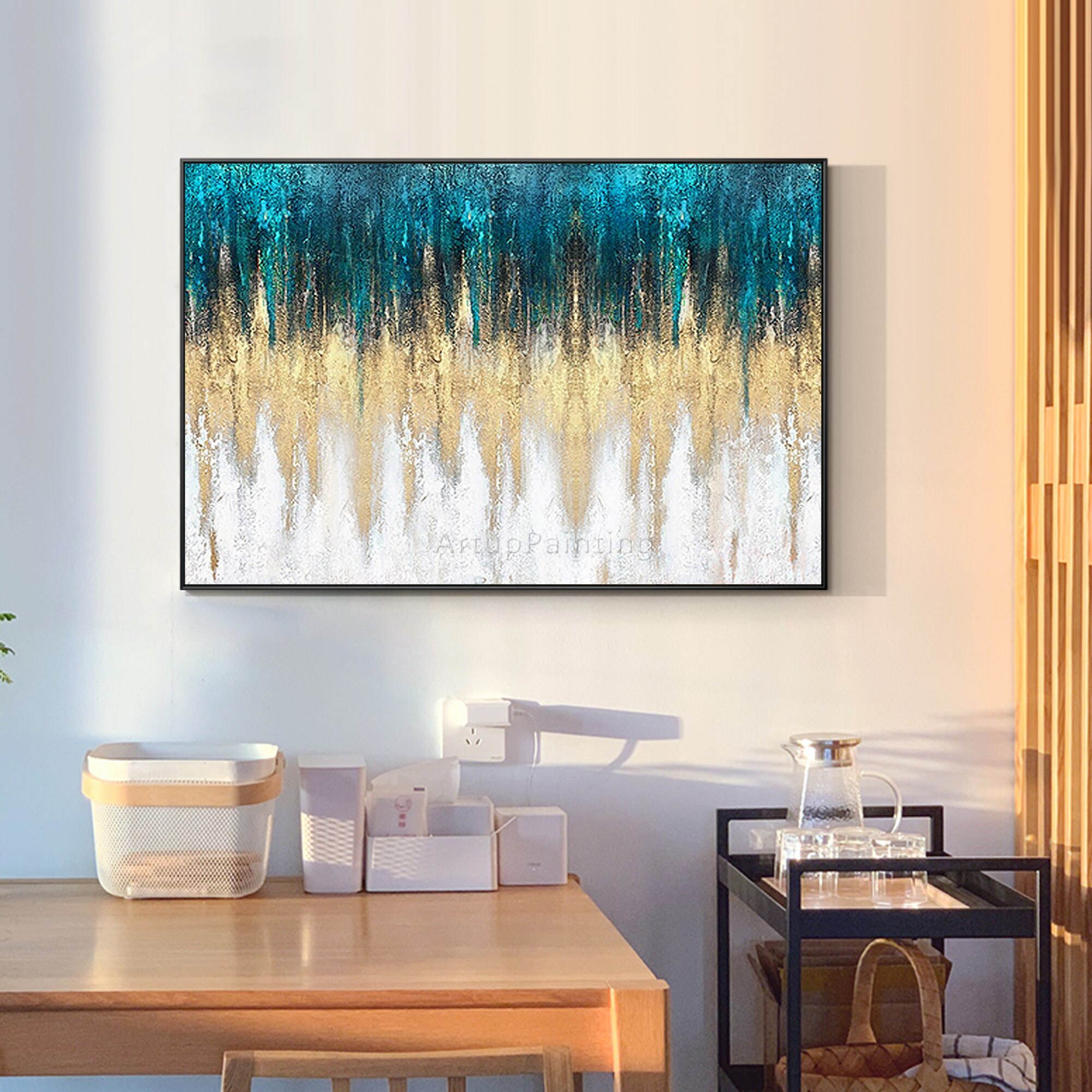 Pintura abstracta moderna sobre lienzo, de color azul pintura a mano, dorado y blanco, textura pesada acr&iacute;lica, decoraci&oacute;n del hogar para sala de estar