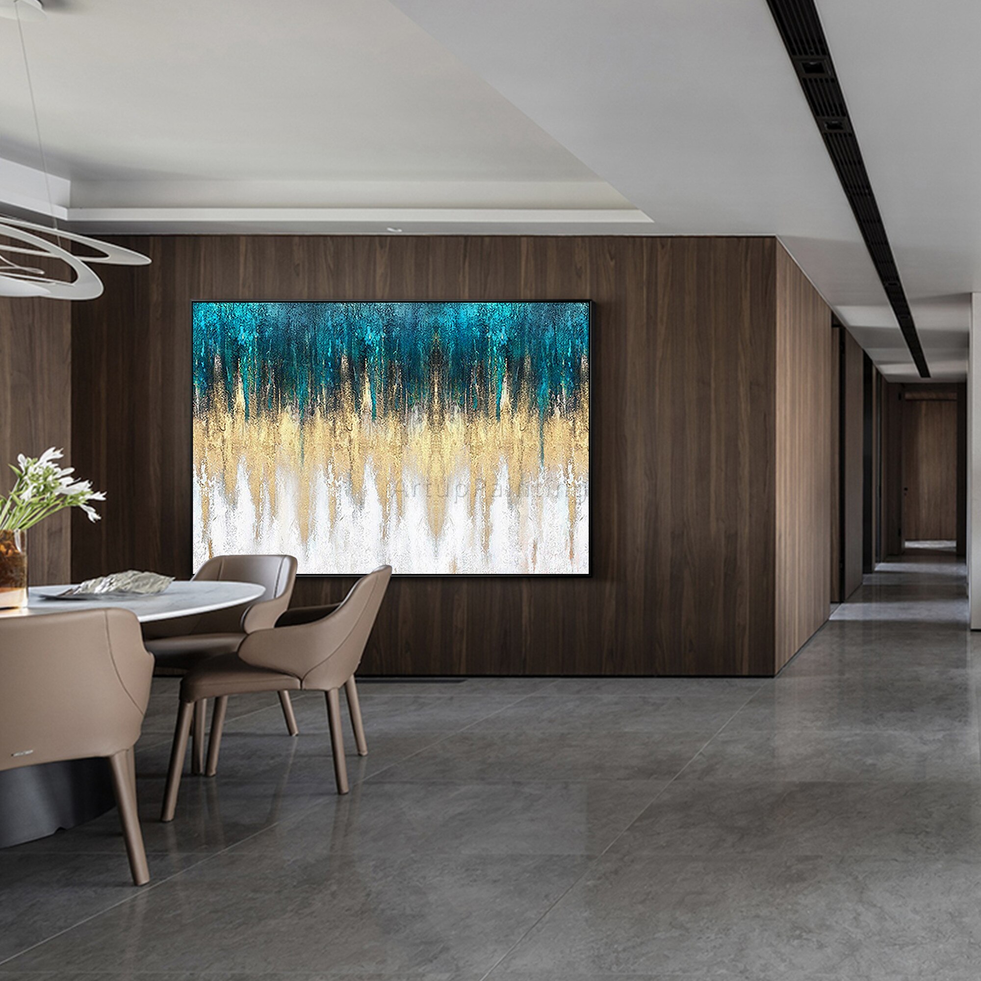 Pintura abstracta moderna sobre lienzo, de color azul pintura a mano, dorado y blanco, textura pesada acr&iacute;lica, decoraci&oacute;n del hogar para sala de estar