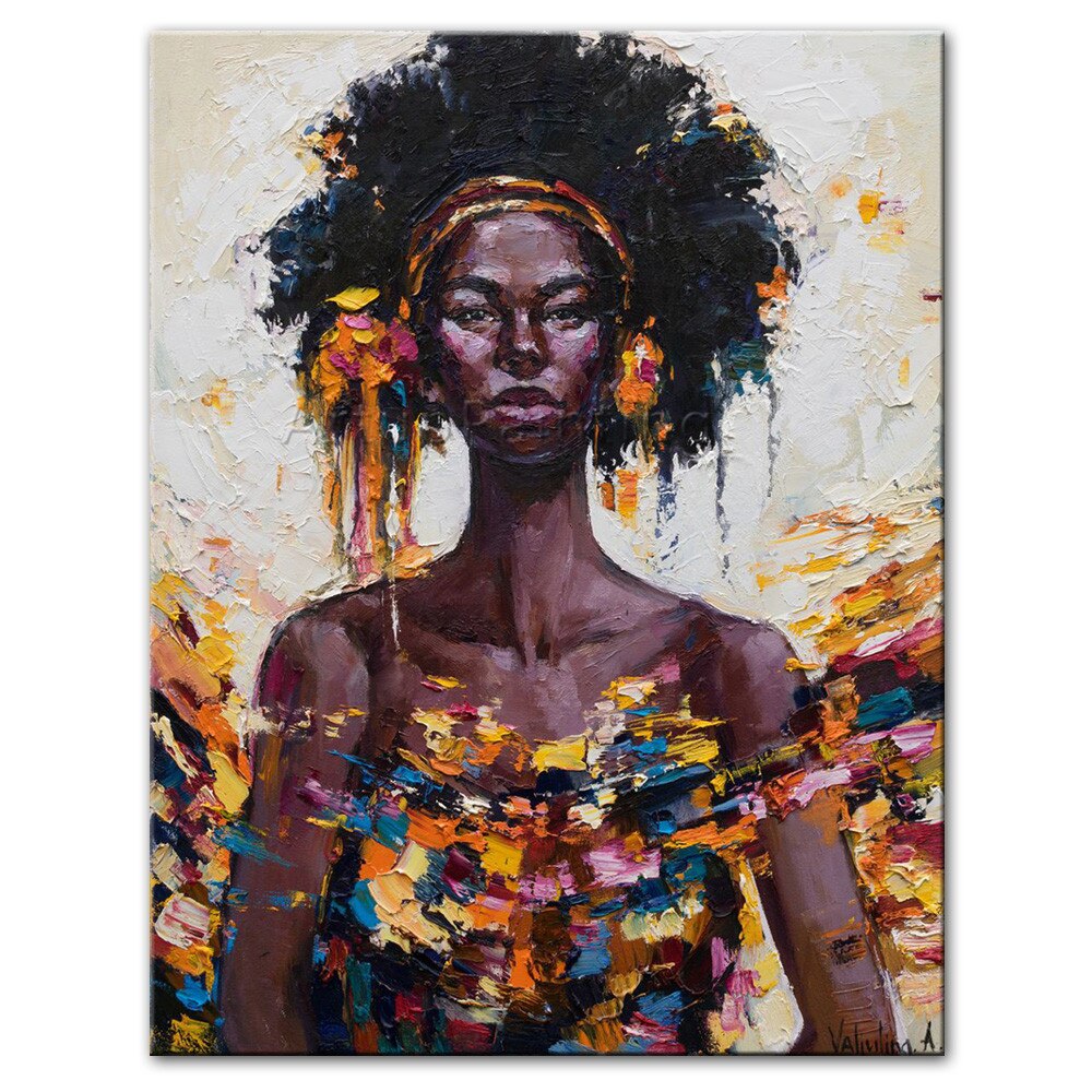 Paleta de pintura al &oacute;leo de retrato de mujer negra pintada a mano, cuadro art&iacute;stico de pared para sala de estar, decoraci&oacute;n del hogar