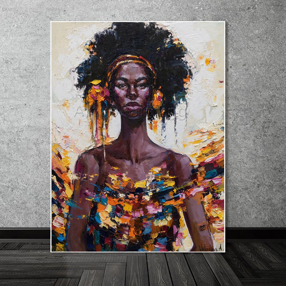 Paleta de pintura al &oacute;leo de retrato de mujer negra pintada a mano, cuadro art&iacute;stico de pared para sala de estar, decoraci&oacute;n del hogar