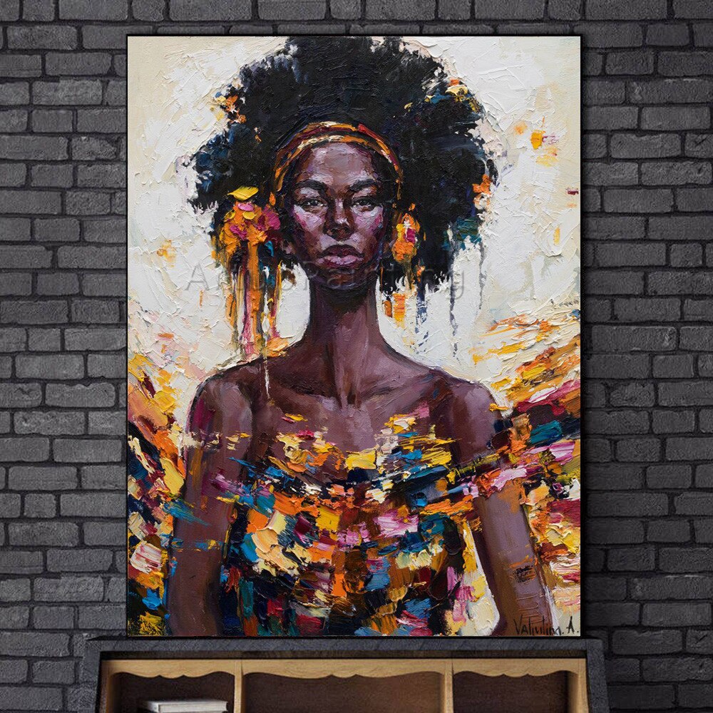 Paleta de pintura al &oacute;leo de retrato de mujer negra pintada a mano, cuadro art&iacute;stico de pared para sala de estar, decoraci&oacute;n del hogar