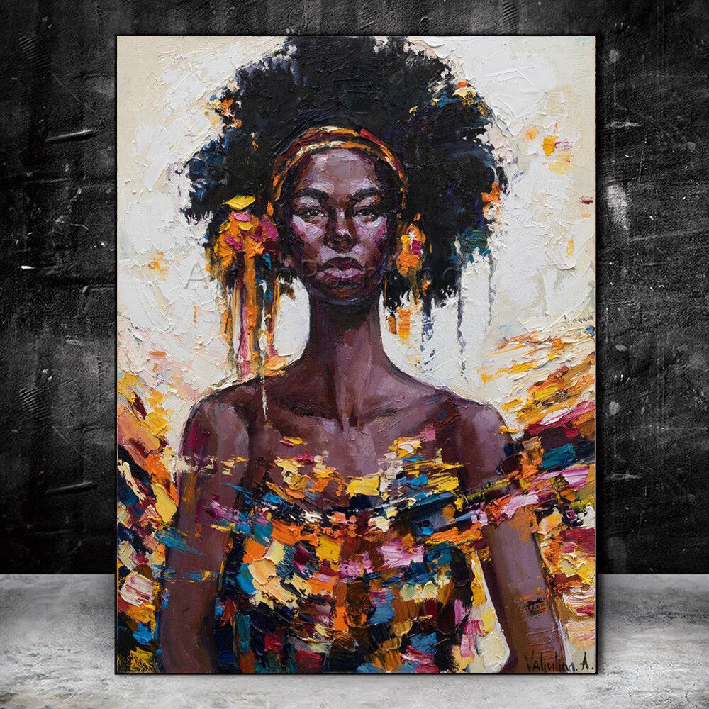 Paleta de pintura al &oacute;leo de retrato de mujer negra pintada a mano, cuadro art&iacute;stico de pared para sala de estar, decoraci&oacute;n del hogar