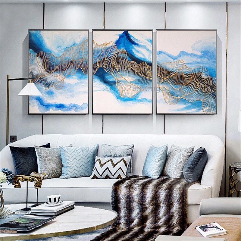 Cuadros acr&iacute;licos de hilo abstracto para decoraci&oacute;n de pared, cuadros art&iacute;sticos de hilo azul y dorado para sala de estar, 3 piezas