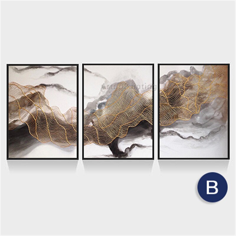 Cuadros acr&iacute;licos de hilo abstracto para decoraci&oacute;n de pared, cuadros art&iacute;sticos de hilo azul y dorado para sala de estar, 3 piezas