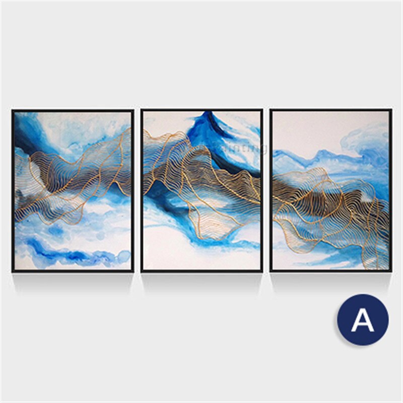 Cuadros acr&iacute;licos de hilo abstracto para decoraci&oacute;n de pared, cuadros art&iacute;sticos de hilo azul y dorado para sala de estar, 3 piezas