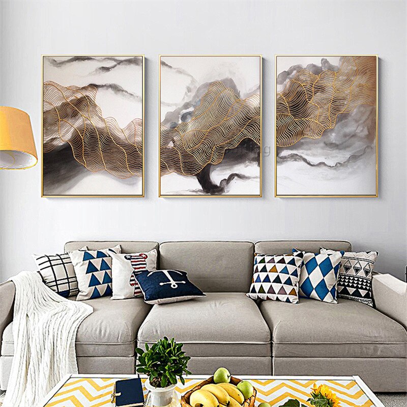 Cuadros acr&iacute;licos de hilo abstracto para decoraci&oacute;n de pared, cuadros art&iacute;sticos de hilo azul y dorado para sala de estar, 3 piezas