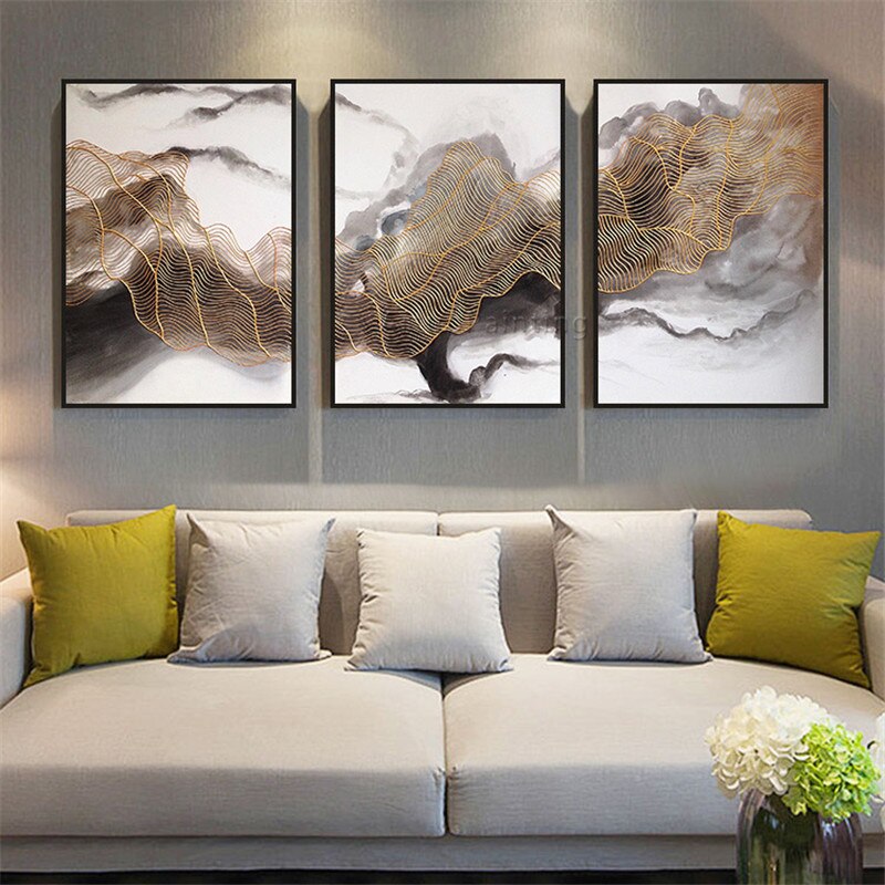Cuadros acr&iacute;licos de hilo abstracto para decoraci&oacute;n de pared, cuadros art&iacute;sticos de hilo azul y dorado para sala de estar, 3 piezas