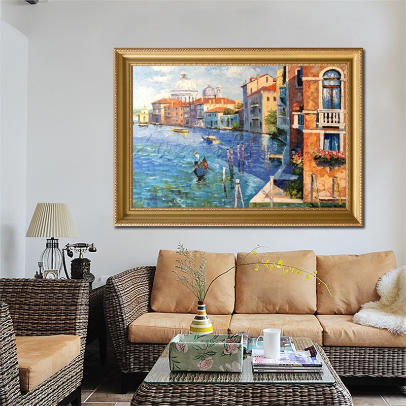Sala de estar pintada a mano, vista al mar Mediterr&aacute;neo, Decora una pintura de pared en el lienzo, papel tapiz art&iacute;stico, imagen 30