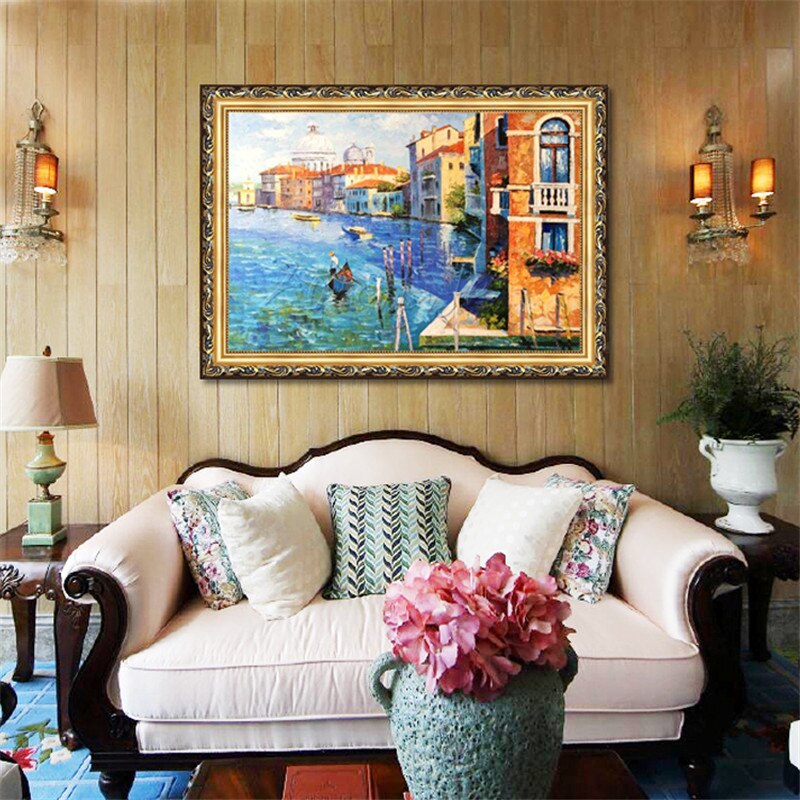 Sala de estar pintada a mano, vista al mar Mediterr&aacute;neo, Decora una pintura de pared en el lienzo, papel tapiz art&iacute;stico, imagen 30