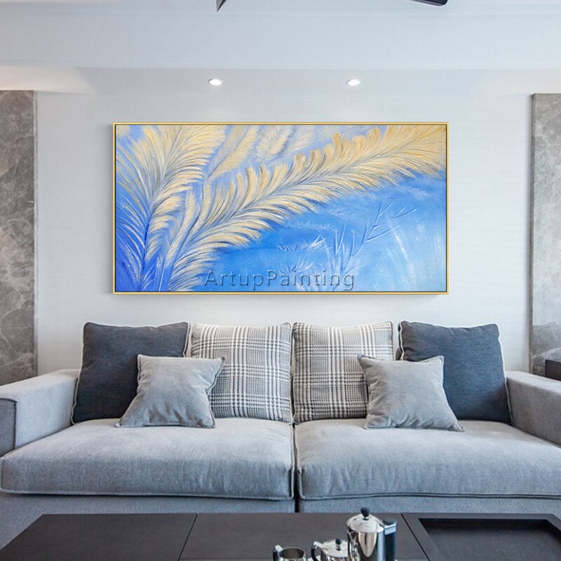 Pintura de plumas abstractas modernas, lienzo acr&iacute;lico azul, arte abstracto, im&aacute;genes art&iacute;sticas de pared para sala de estar, decoraci&oacute;n del hogar, cuadros