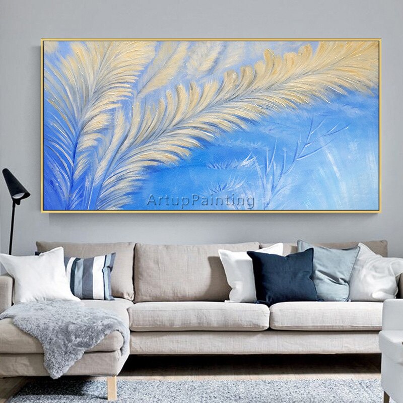Pintura de plumas abstractas modernas, lienzo acr&iacute;lico azul, arte abstracto, im&aacute;genes art&iacute;sticas de pared para sala de estar, decoraci&oacute;n del hogar, cuadros