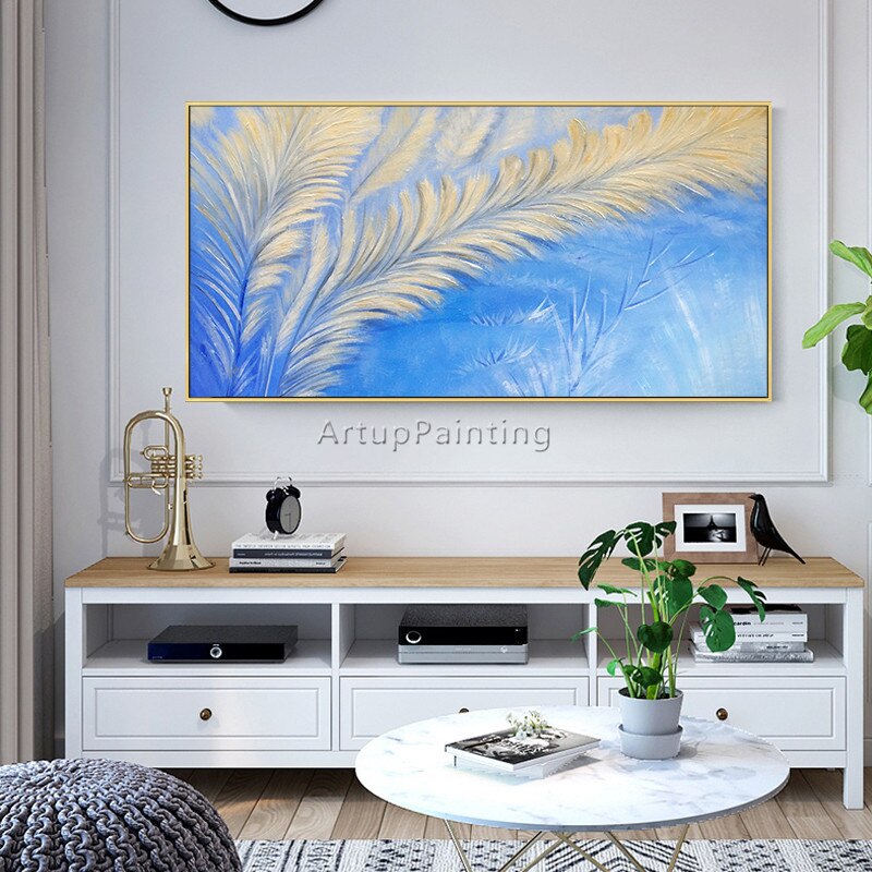Pintura de plumas abstractas modernas, lienzo acr&iacute;lico azul, arte abstracto, im&aacute;genes art&iacute;sticas de pared para sala de estar, decoraci&oacute;n del hogar, cuadros