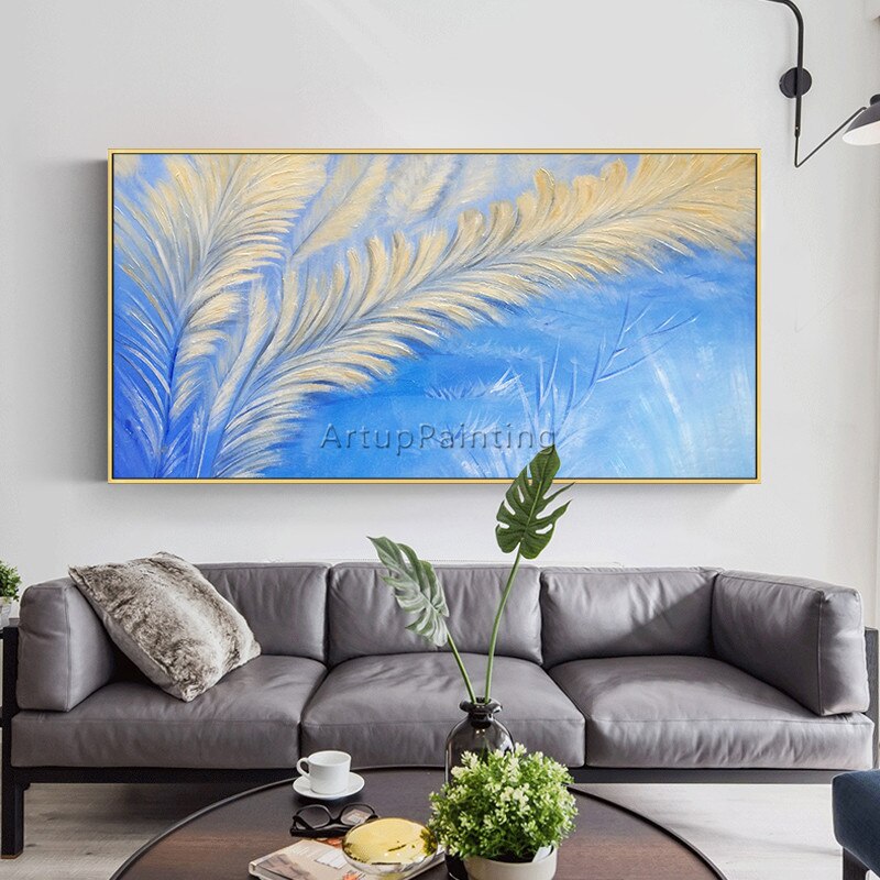 Pintura de plumas abstractas modernas, lienzo acr&iacute;lico azul, arte abstracto, im&aacute;genes art&iacute;sticas de pared para sala de estar, decoraci&oacute;n del hogar, cuadros