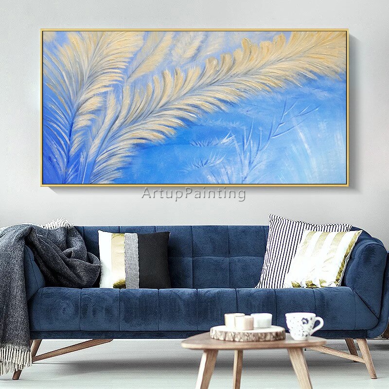 Pintura de plumas abstractas modernas, lienzo acr&iacute;lico azul, arte abstracto, im&aacute;genes art&iacute;sticas de pared para sala de estar, decoraci&oacute;n del hogar, cuadros