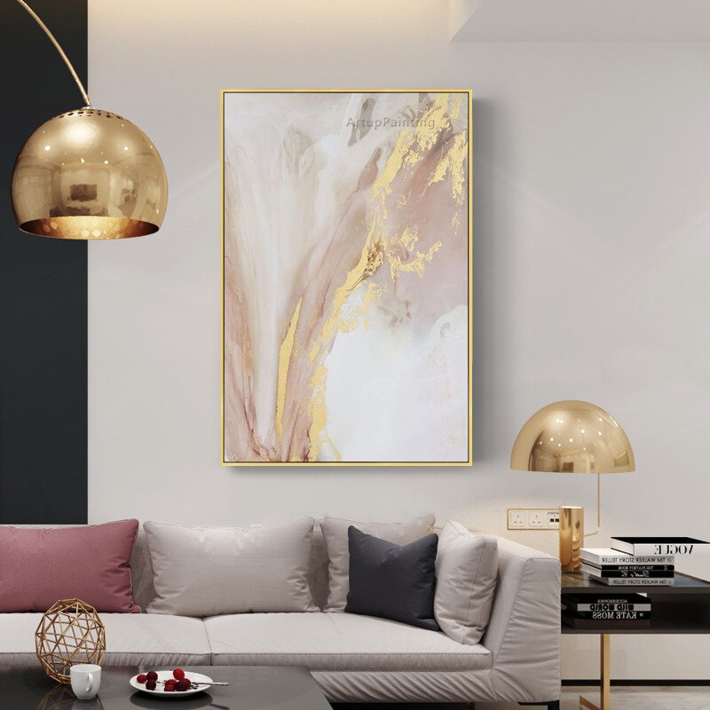 Pintura al &oacute;leo abstracta de brillo dorado y Color c&aacute;lido sobre lienzo, im&aacute;genes art&iacute;sticas de pared pintadas a mano para decoraci&oacute;n de caudros del Sal&oacute;n del hogar