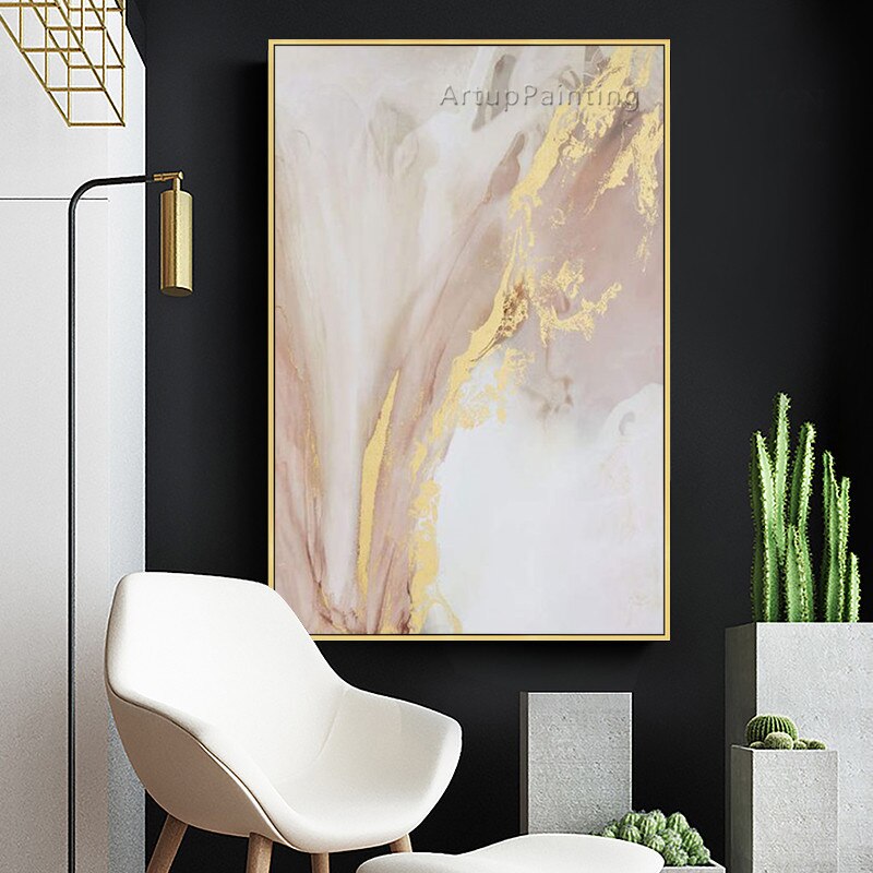 Pintura al &oacute;leo abstracta de brillo dorado y Color c&aacute;lido sobre lienzo, im&aacute;genes art&iacute;sticas de pared pintadas a mano para decoraci&oacute;n de caudros del Sal&oacute;n del hogar