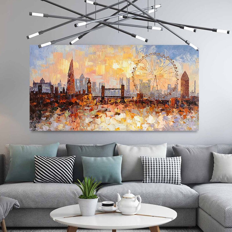 Pintura al &oacute;leo del Skyline de Londres pintada a mano sobre lienzo, textura de impasto abstracta moderna, paisaje urbano, im&aacute;genes art&iacute;sticas de pared para sala de estar