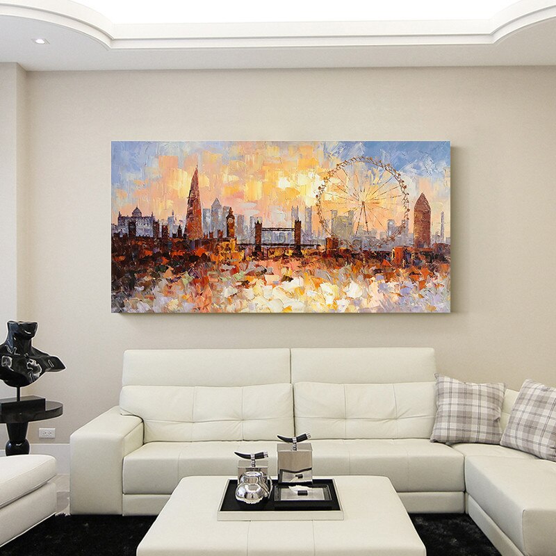Pintura al &oacute;leo del Skyline de Londres pintada a mano sobre lienzo, textura de impasto abstracta moderna, paisaje urbano, im&aacute;genes art&iacute;sticas de pared para sala de estar
