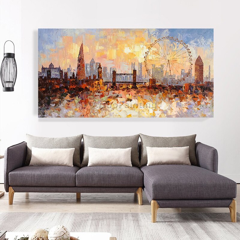 Pintura al &oacute;leo del Skyline de Londres pintada a mano sobre lienzo, textura de impasto abstracta moderna, paisaje urbano, im&aacute;genes art&iacute;sticas de pared para sala de estar