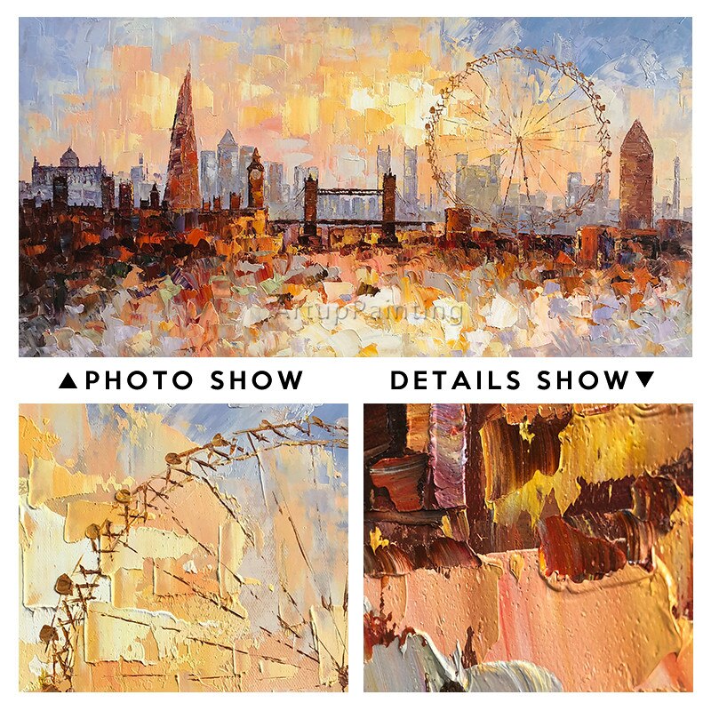 Pintura al &oacute;leo del Skyline de Londres pintada a mano sobre lienzo, textura de impasto abstracta moderna, paisaje urbano, im&aacute;genes art&iacute;sticas de pared para sala de estar