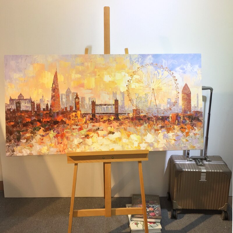 Pintura al &oacute;leo del Skyline de Londres pintada a mano sobre lienzo, textura de impasto abstracta moderna, paisaje urbano, im&aacute;genes art&iacute;sticas de pared para sala de estar