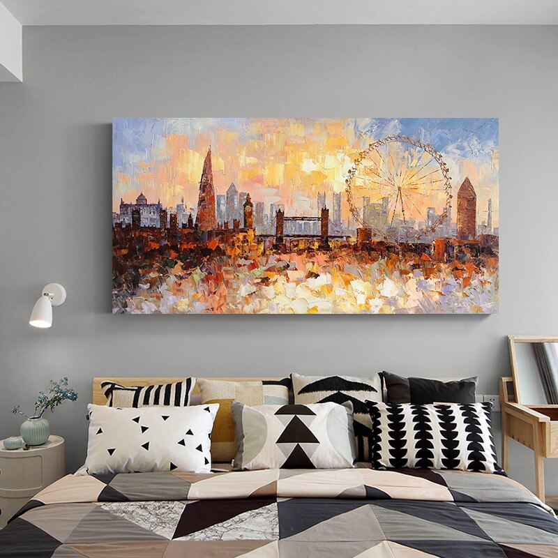 Pintura al &oacute;leo del Skyline de Londres pintada a mano sobre lienzo, textura de impasto abstracta moderna, paisaje urbano, im&aacute;genes art&iacute;sticas de pared para sala de estar