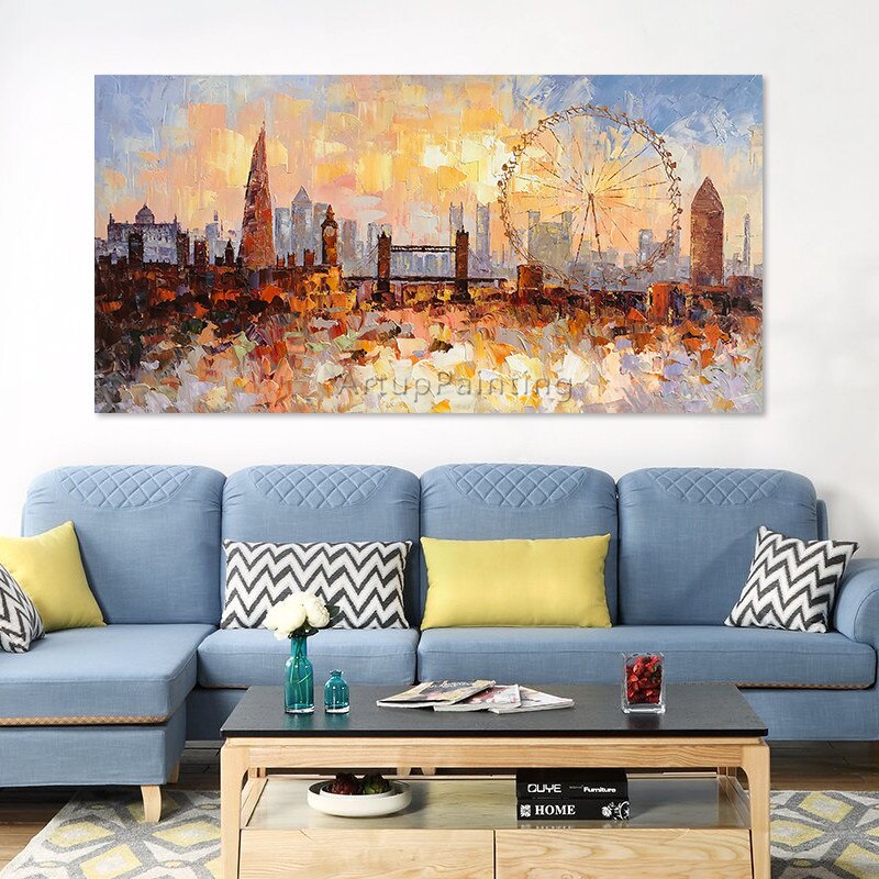 Pintura al &oacute;leo del Skyline de Londres pintada a mano sobre lienzo, textura de impasto abstracta moderna, paisaje urbano, im&aacute;genes art&iacute;sticas de pared para sala de estar