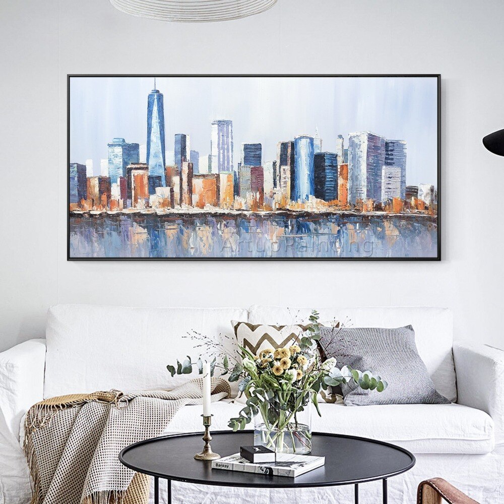 Lienzo pintado a mano, pintura al &oacute;leo abstracta de paisaje urbano, pintura acr&iacute;lica, im&aacute;genes art&iacute;sticas de pared para sala de estar, decoraci&oacute;n del hogar