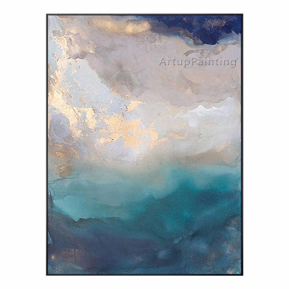 Pintura al &oacute;leo abstracta sobre lienzo, arte de pared azul y gris, pintura acr&iacute;lica rectangular para sala de estar, decoraci&oacute;n del hogar, decoraci&oacute;n de Caudros