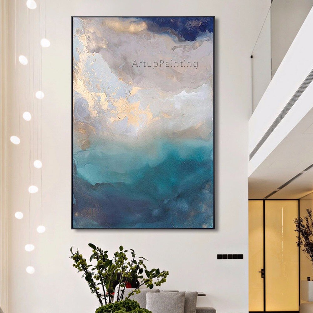 Pintura al &oacute;leo abstracta sobre lienzo, arte de pared azul y gris, pintura acr&iacute;lica rectangular para sala de estar, decoraci&oacute;n del hogar, decoraci&oacute;n de Caudros