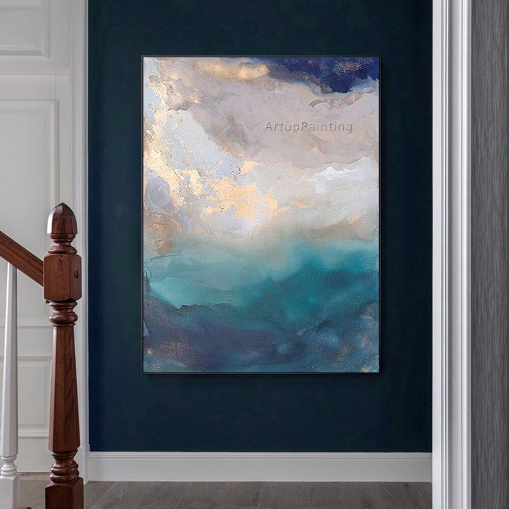Pintura al &oacute;leo abstracta sobre lienzo, arte de pared azul y gris, pintura acr&iacute;lica rectangular para sala de estar, decoraci&oacute;n del hogar, decoraci&oacute;n de Caudros