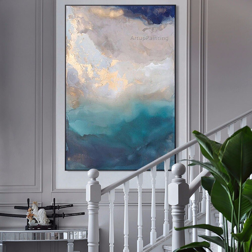 Pintura al &oacute;leo abstracta sobre lienzo, arte de pared azul y gris, pintura acr&iacute;lica rectangular para sala de estar, decoraci&oacute;n del hogar, decoraci&oacute;n de Caudros