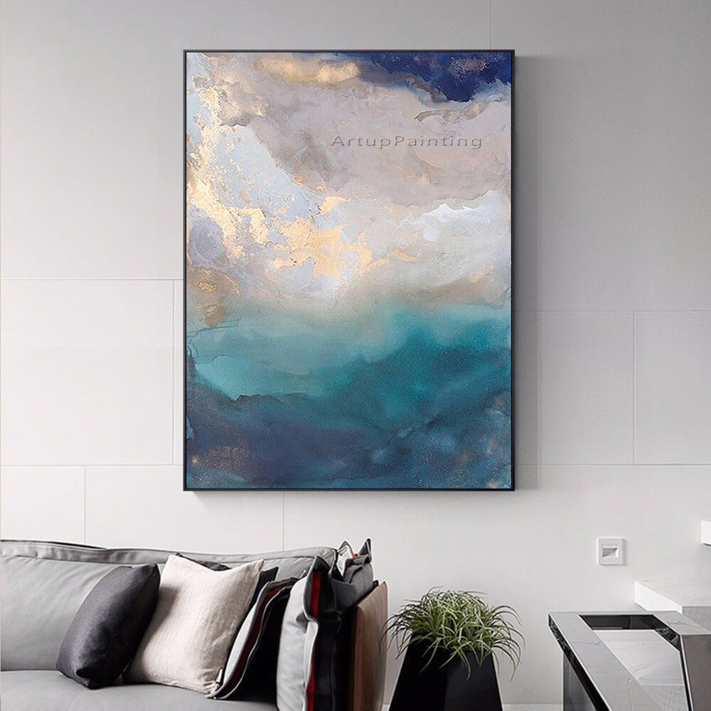 Pintura al &oacute;leo abstracta sobre lienzo, arte de pared azul y gris, pintura acr&iacute;lica rectangular para sala de estar, decoraci&oacute;n del hogar, decoraci&oacute;n de Caudros