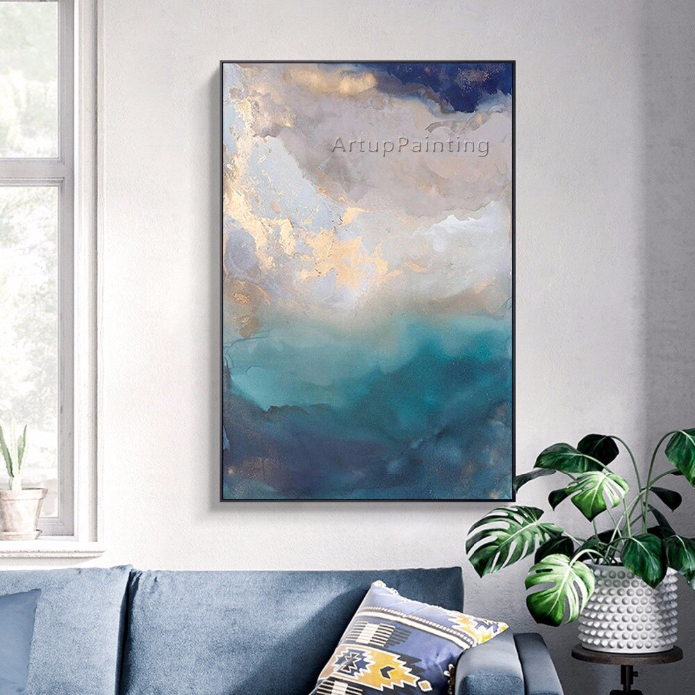 Pintura al &oacute;leo abstracta sobre lienzo, arte de pared azul y gris, pintura acr&iacute;lica rectangular para sala de estar, decoraci&oacute;n del hogar, decoraci&oacute;n de Caudros