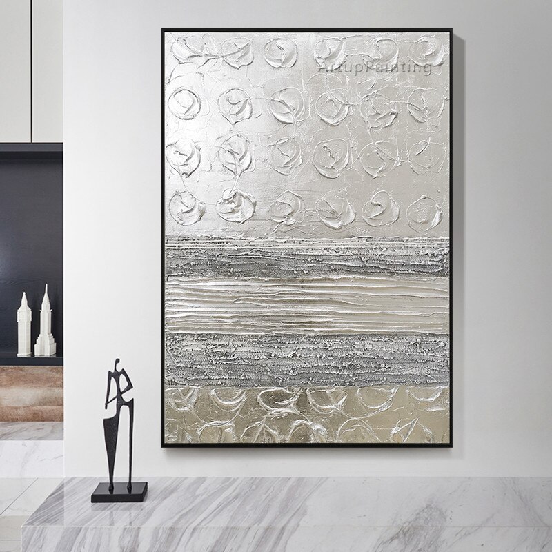 Pintura al &oacute;leo abstracta moderna plateada, lienzo pintado a mano, im&aacute;genes art&iacute;sticas de pared para sala de estar, decoraci&oacute;n del sal&oacute;n, cuadros