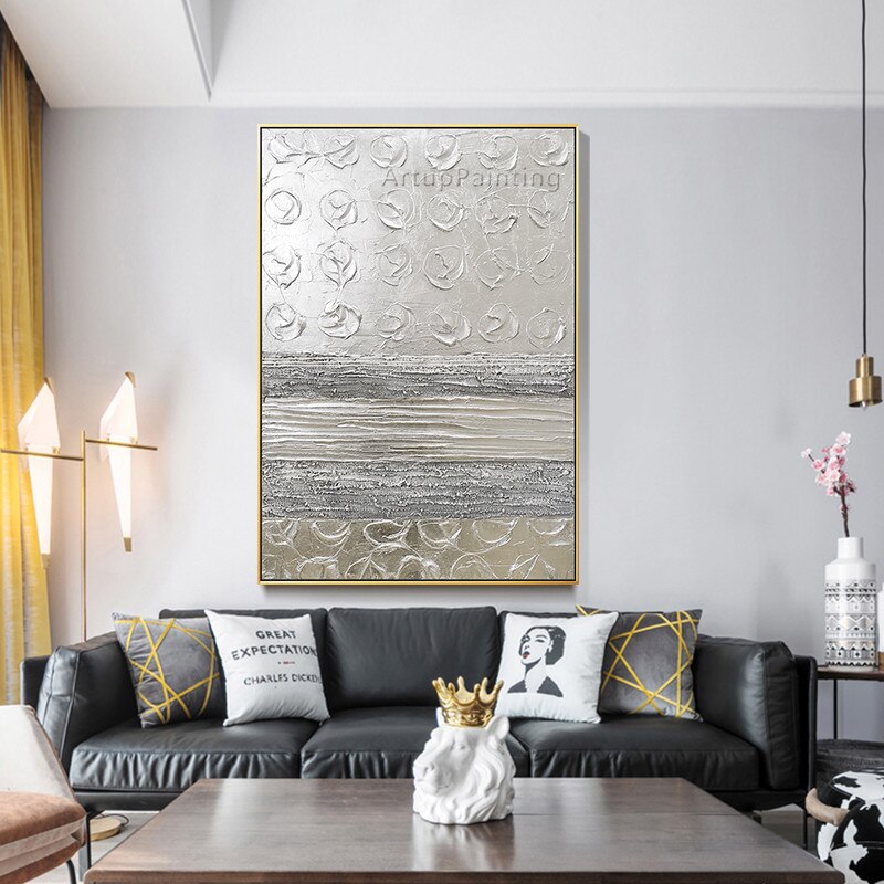 Pintura al &oacute;leo abstracta moderna plateada, lienzo pintado a mano, im&aacute;genes art&iacute;sticas de pared para sala de estar, decoraci&oacute;n del sal&oacute;n, cuadros