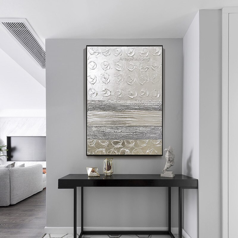 Pintura al &oacute;leo abstracta moderna plateada, lienzo pintado a mano, im&aacute;genes art&iacute;sticas de pared para sala de estar, decoraci&oacute;n del sal&oacute;n, cuadros