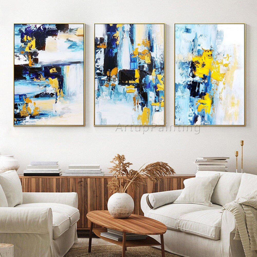 Juego de 3 pinturas al óleo modernas sobre lienzo, imágenes artísticas de pared abstractas pintadas a mano para decoración de pared de sala de estar, azul, amarillo y blanco Juego de 3 pinturas al óleo modernas sobre lienzo, imágenes artísticas de pared abstractas pintadas a mano para decoración de pared de sala de estar, azul, amarillo y blanco