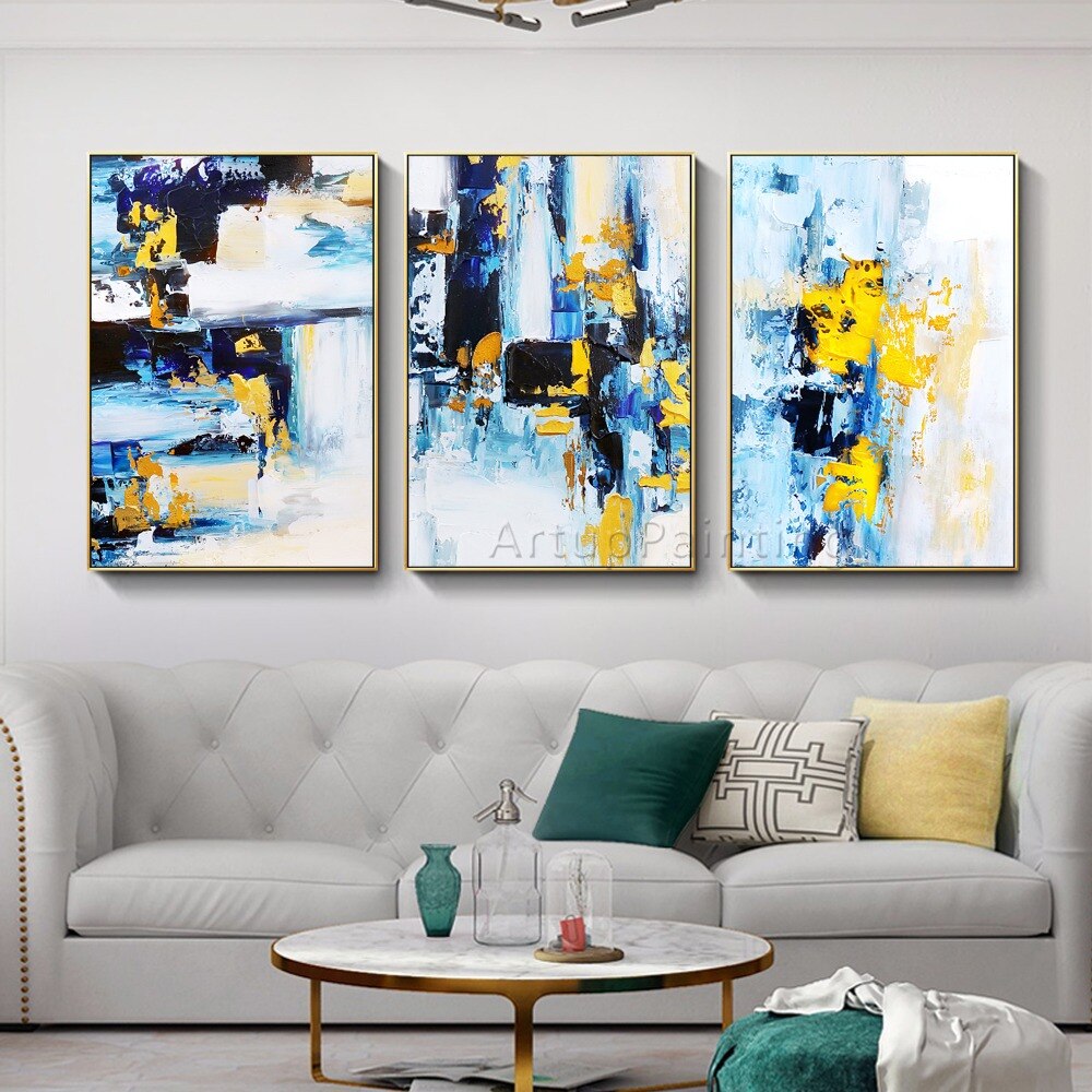Juego de 3 pinturas al óleo modernas sobre lienzo, imágenes artísticas de pared abstractas pintadas a mano para decoración de pared de sala de estar, azul, amarillo y blanco Juego de 3 pinturas al óleo modernas sobre lienzo, imágenes artísticas de pared abstractas pintadas a mano para decoración de pared de sala de estar, azul, amarillo y blanco