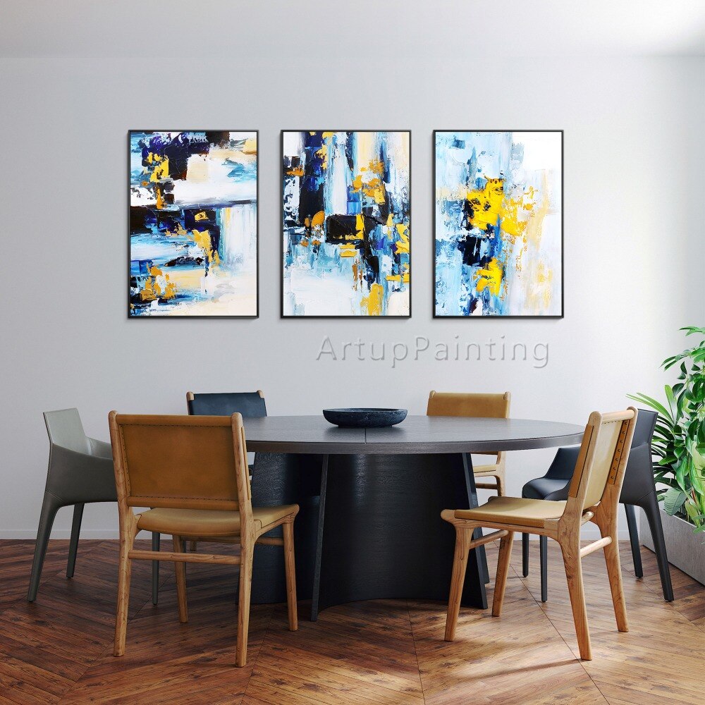 Juego de 3 pinturas al óleo modernas sobre lienzo, imágenes artísticas de pared abstractas pintadas a mano para decoración de pared de sala de estar, azul, amarillo y blanco Juego de 3 pinturas al óleo modernas sobre lienzo, imágenes artísticas de pared abstractas pintadas a mano para decoración de pared de sala de estar, azul, amarillo y blanco
